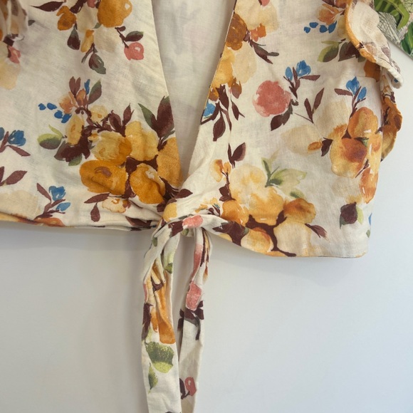 Abercrombie & Fitch Multicolor Floral Ruffle front tie‎ linen blouse size L - Picture 3 of 5